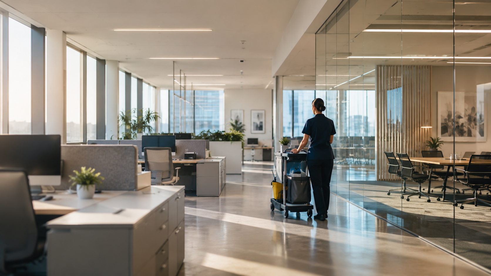 Technicienne d'entretien ELEVAA avec son chariot dans un bureau corporatif lumineux