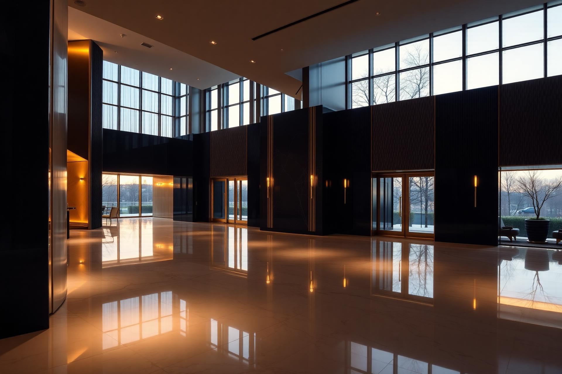 Hall d'entrée corporatif impeccable au crépuscule